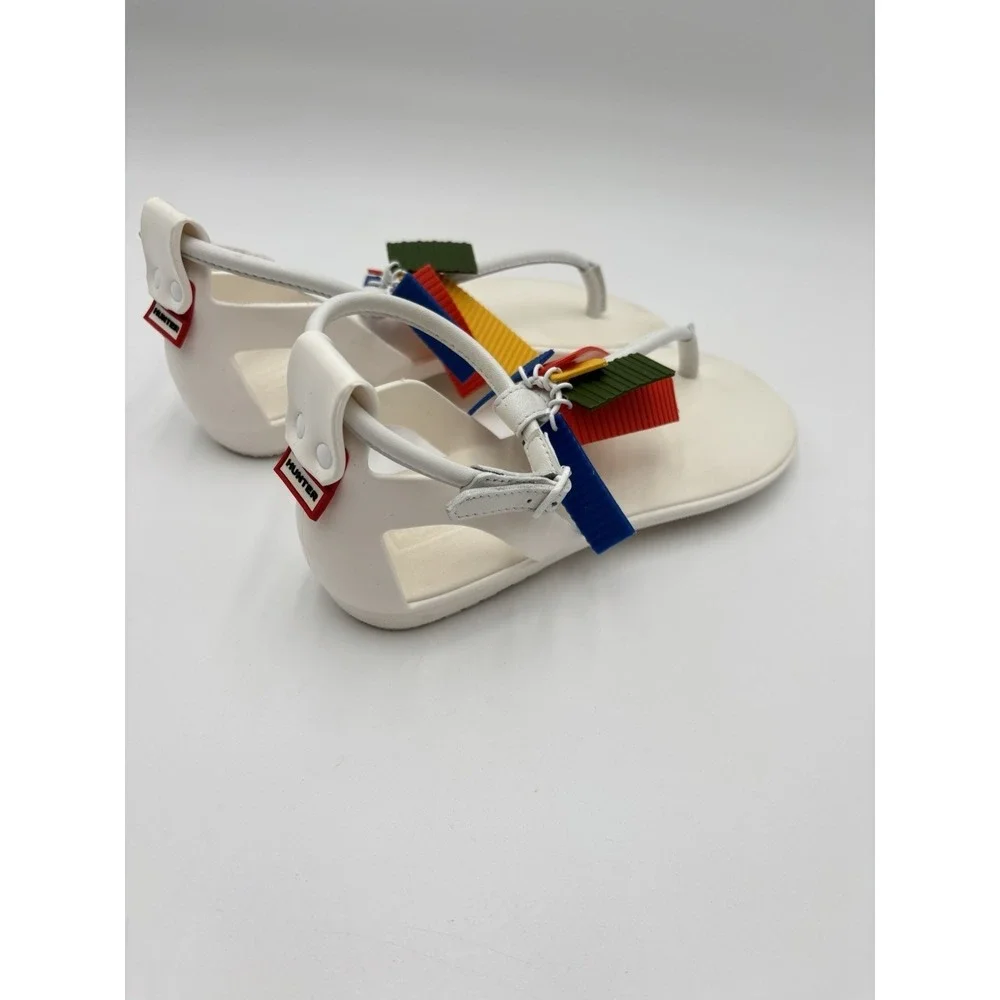 Hunter Original White T-Strap Sandals Rainbow Fringe Charms Women's US 6